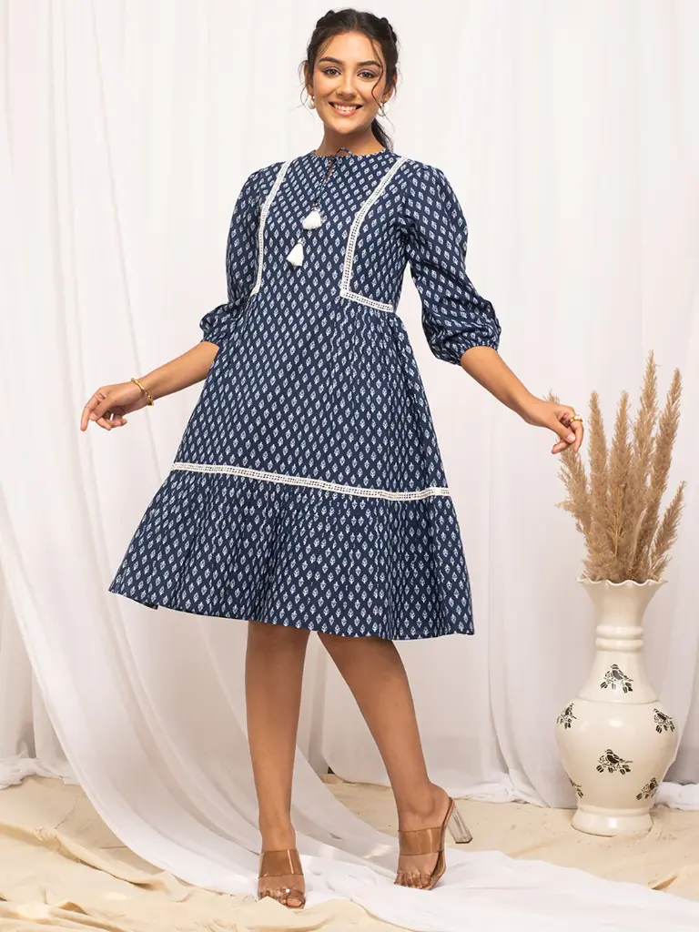 Women's Blue Cotton Floral Printed Dress