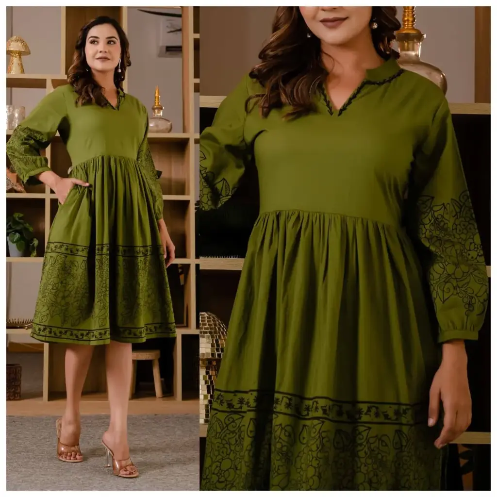 Mehendi Green Crimson Charm Cotton Dress