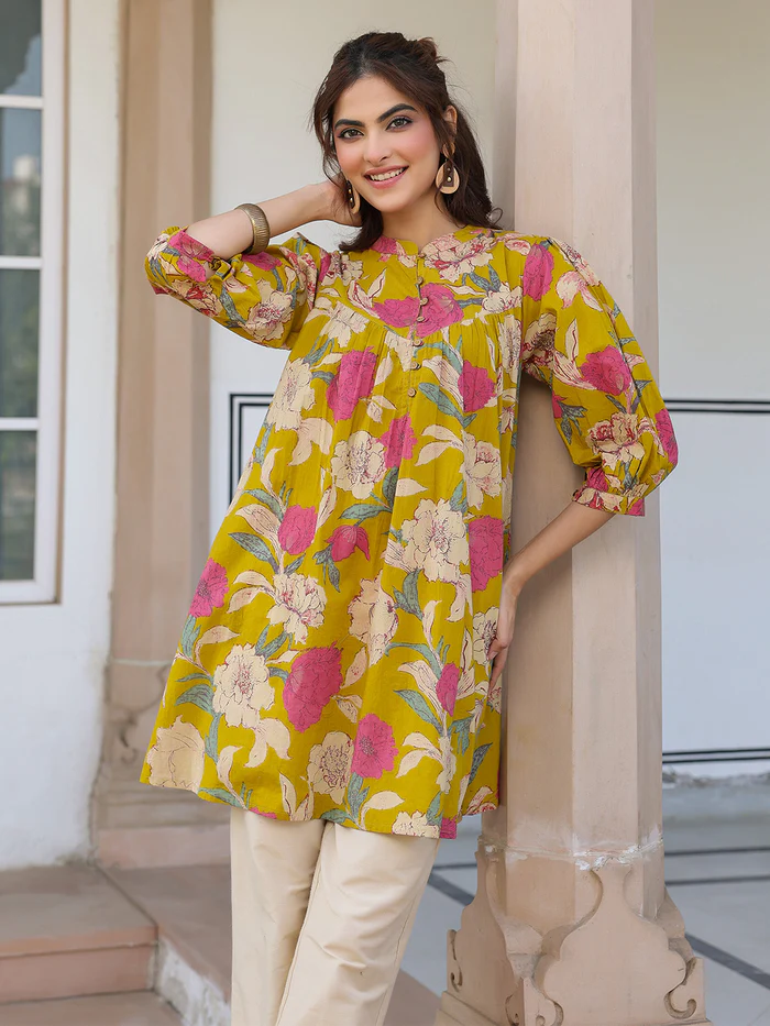 Mustard Pure Cotton Floral Printed A-line Tunic