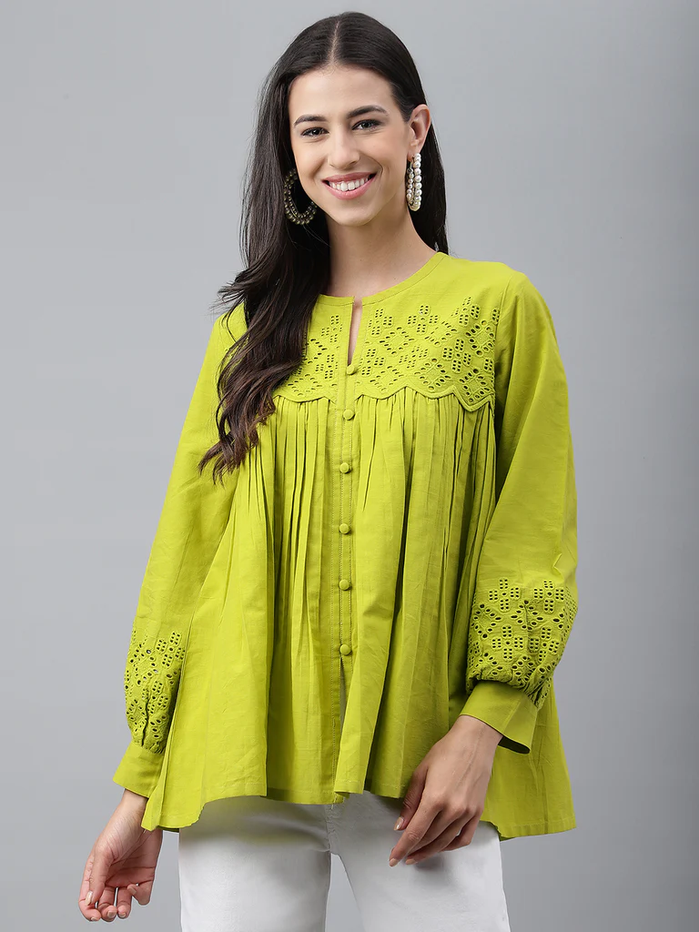 Lime Green Cotton Schiffli Casual Flared Top