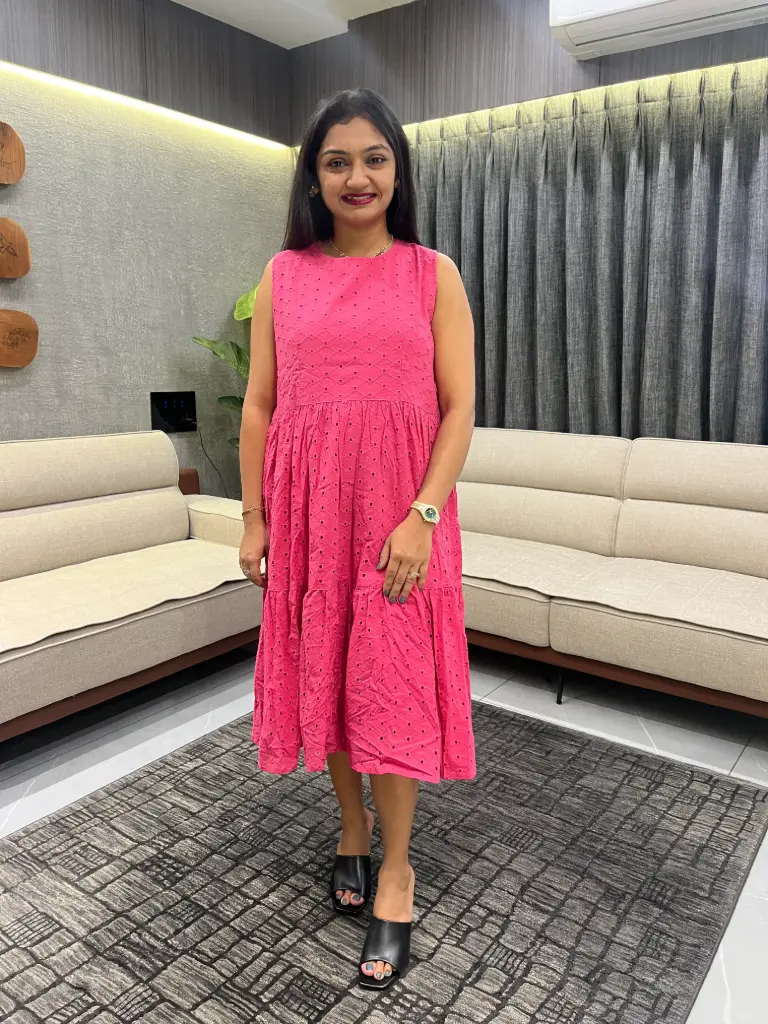 Pink Pure Cotton Schiffli Tiered Dress