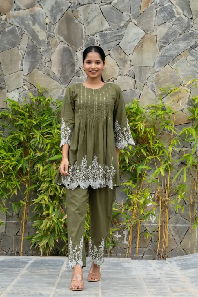 Arshika Olive Blossom Cutwork Cotton Cord Set