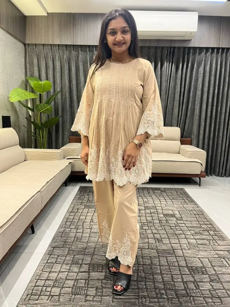 Beige Blossom Chikankari Cutwork Cotton Co-ord Set