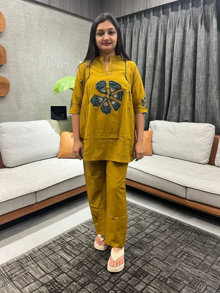 Mustard Yellow Flowercut Embroidered Co-ord Set