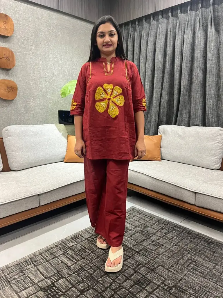 Rich Red Flowercut Embroidered Co-ord Set