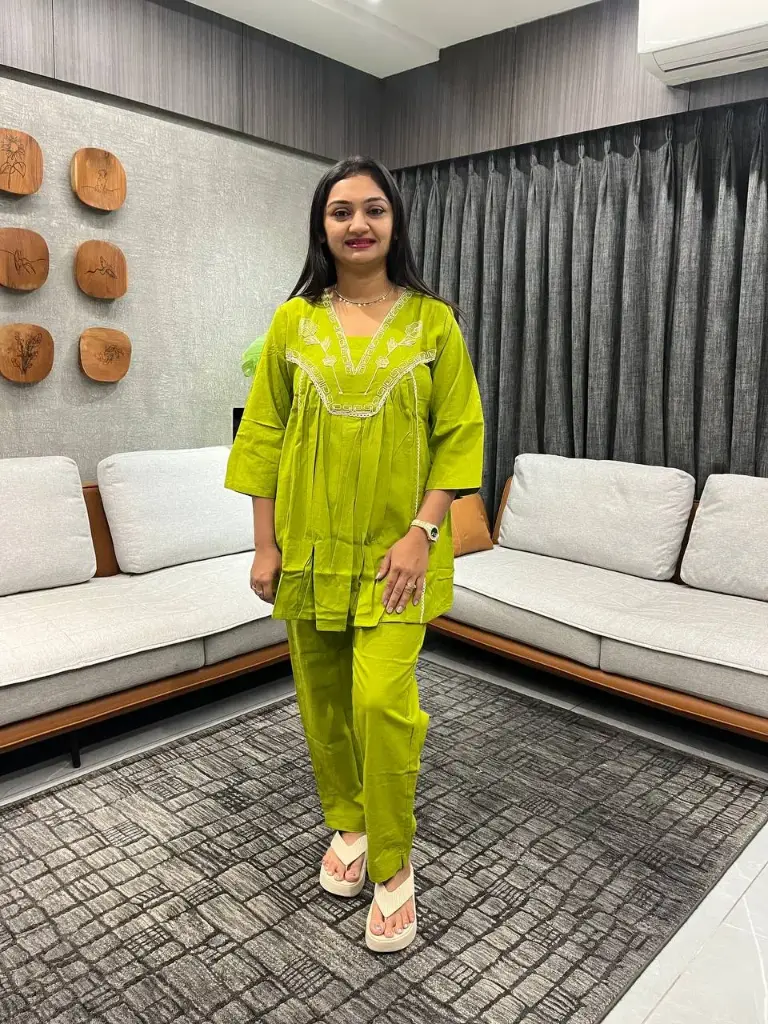 Lime Green Embroidered Flex Cotton Co-ord Set