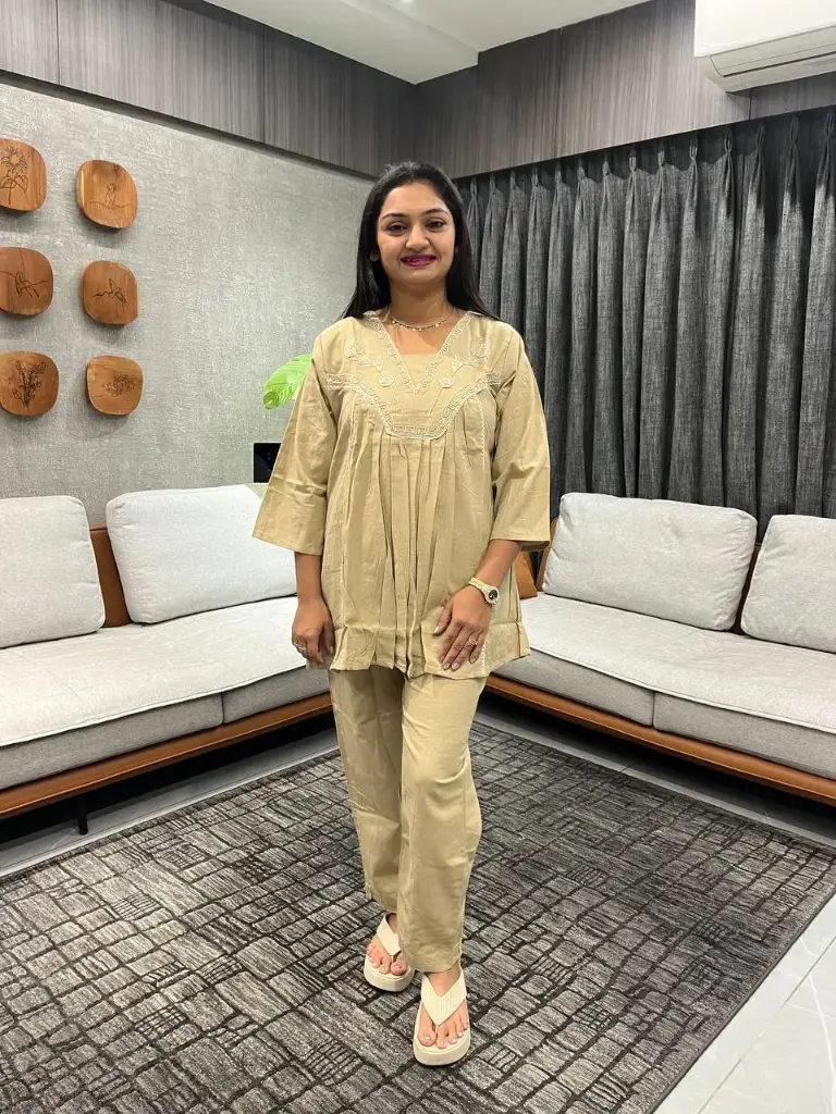 Cream Beige Embroidered Flex Cotton Co-ord Set