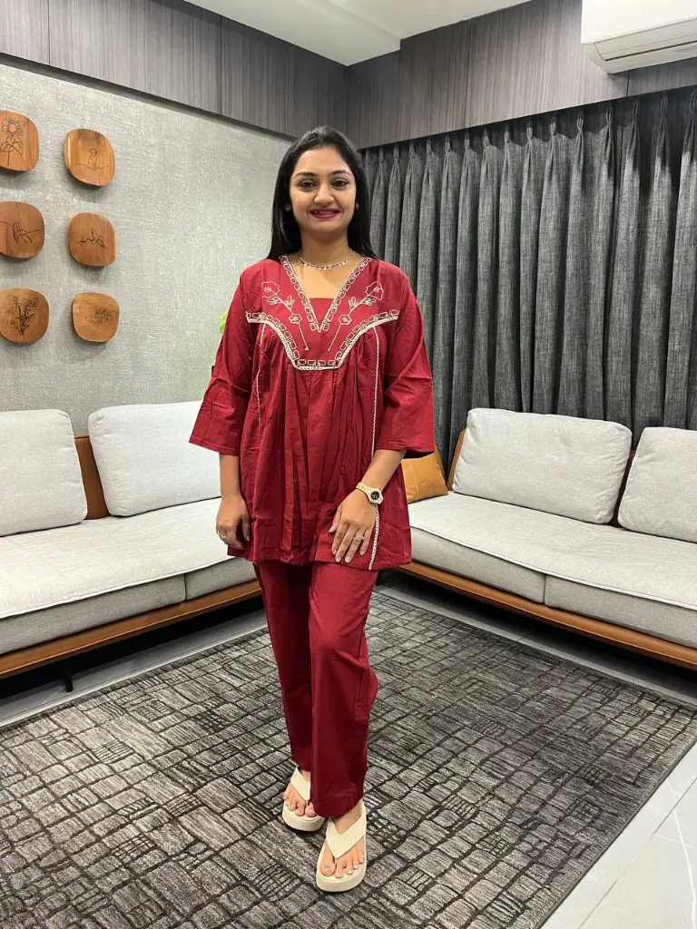 Rich Red Embroidered Flex Cotton Co-ord Set