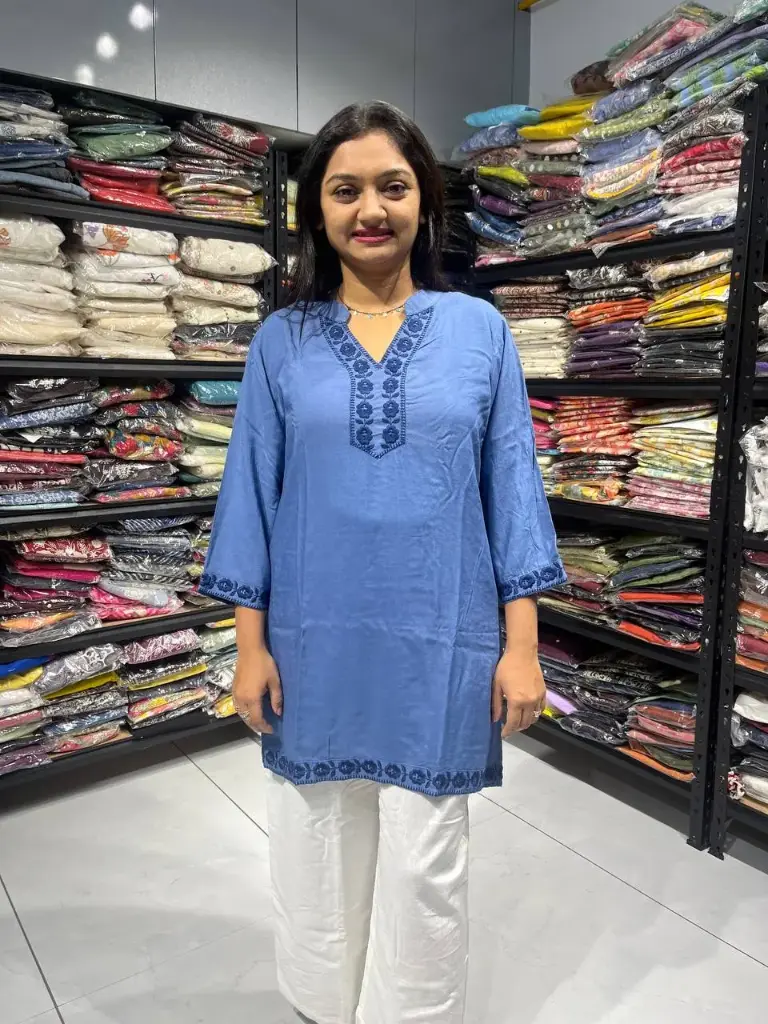 Azure Bloom Embroidered Reyon Cotton Tunic