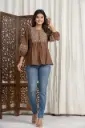 Brown Threadwork Cotton Short Top