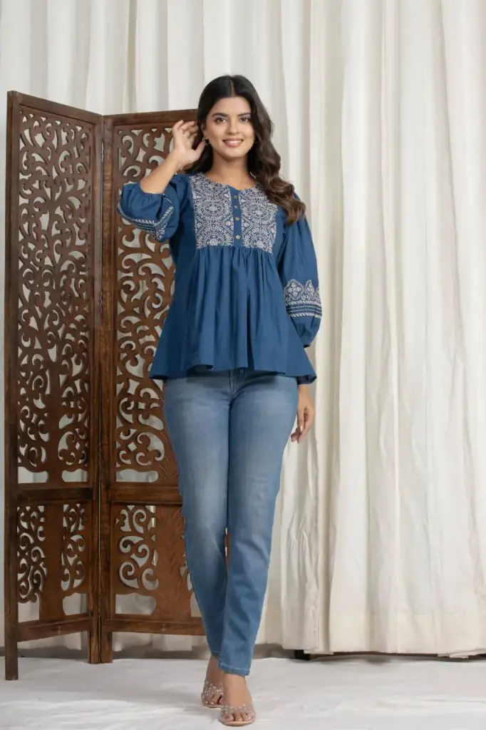 Indigo Breeze Embroidered Cotton Top