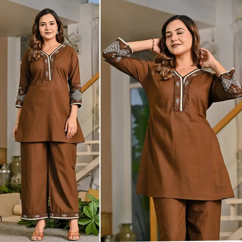 Coffee Luxe Embroidered Cotton Co-Ord Set