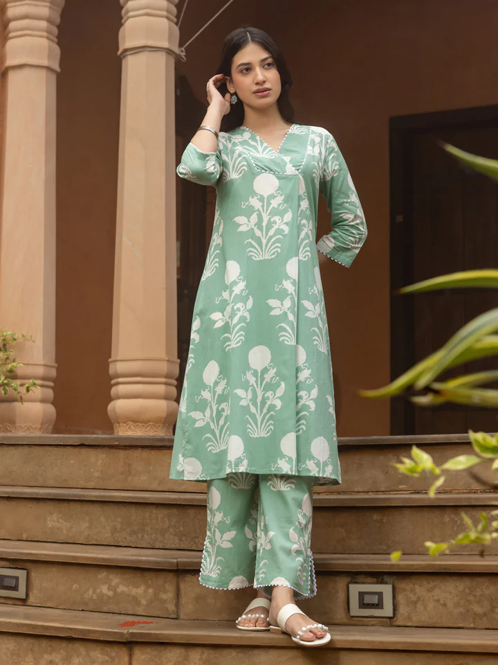 Pista Green Cotton Flared Kurta Set