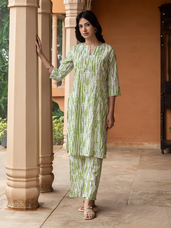 Green Cotton Straight Kurta Set
