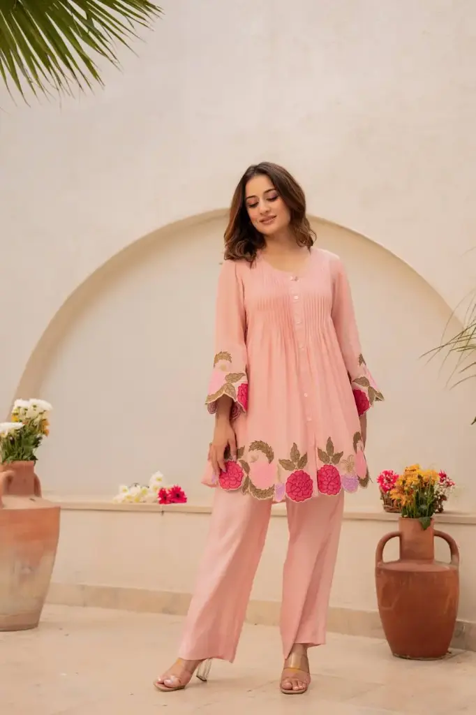 Peach Blossom Mull Chanderi Co-Ord Set
