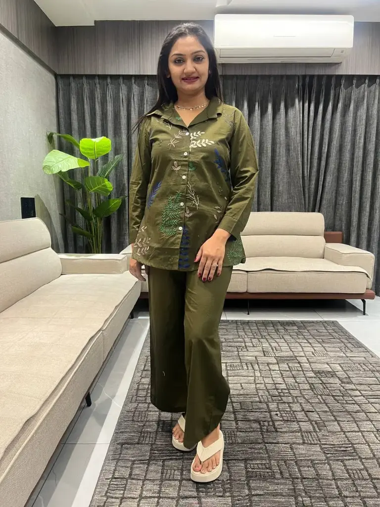 Olive Bloom Embroidered Cotton Co-Ord Set