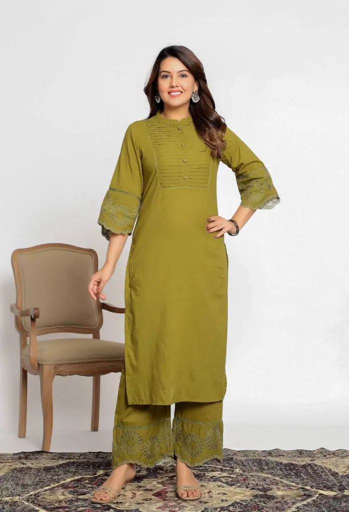 Olive Bloom Embroidered Cotton Kurta Set