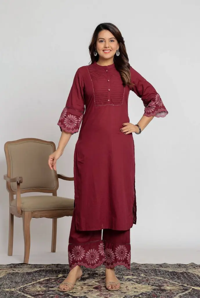 Wine Bloom Embroidered Cotton Kurta Set