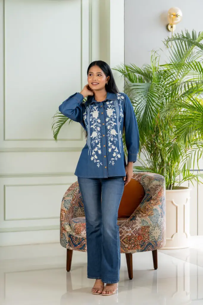 Indigo Bloom Embroidered Denim Shirt