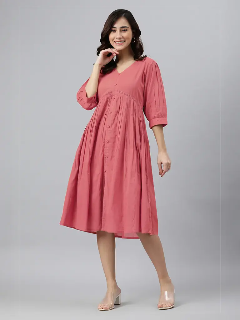 Peach Pure Cotton Solid Gathered Dress 