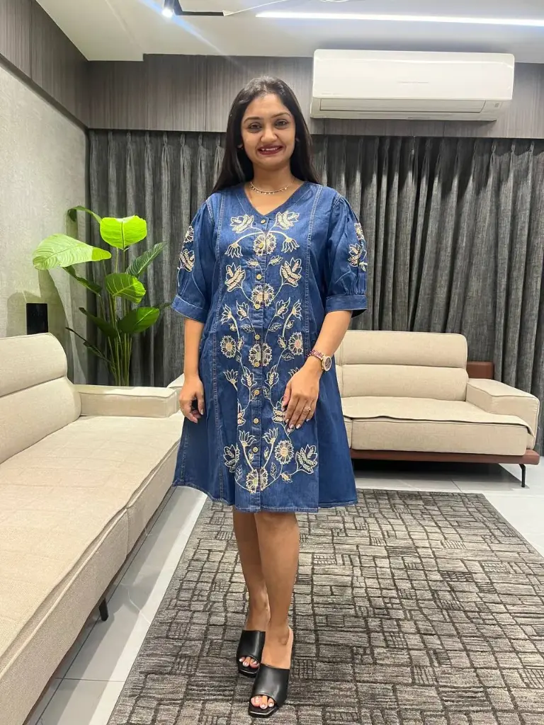 Indigo Bloom Embroidered Denim Long Tunic