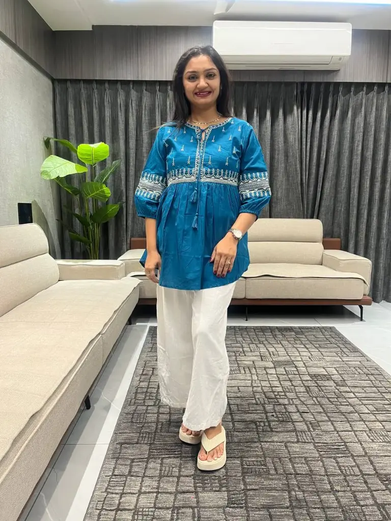 Teal Bloom Embroidered Cotton Tunic