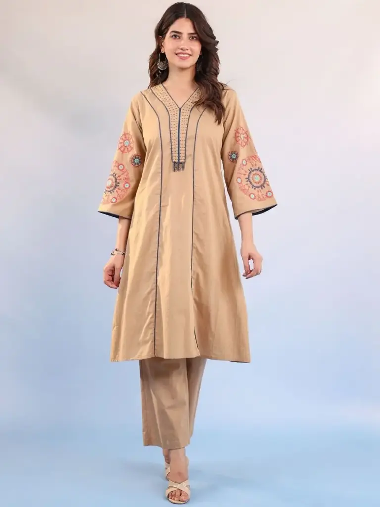 RAVINA BEIGE EMBROIDERED KURTA SET
