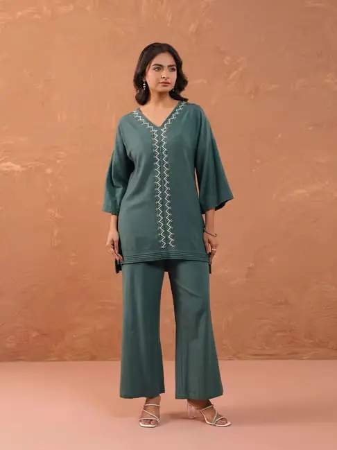 LOUIS GREEN HAND EMBROIDERED CO-ORD SET