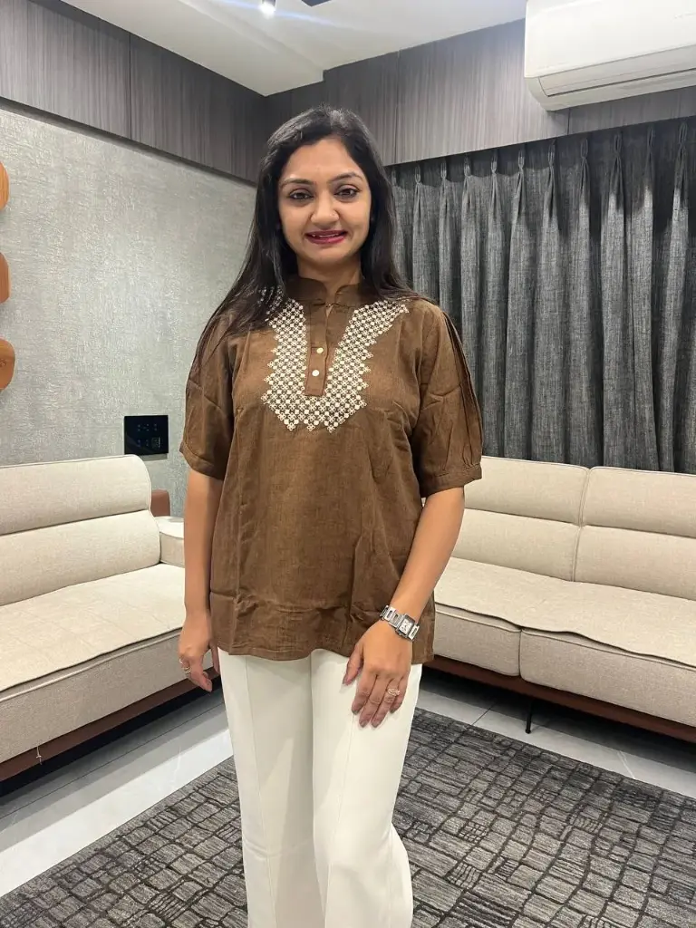 Naira Mocha Embroidered Linen Top