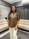 Naira Mocha Embroidered Linen Top
