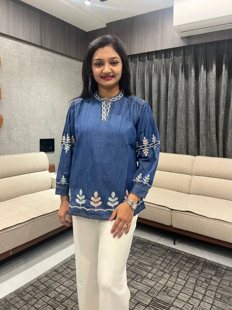 Aira Leaf Embroidered Denim Top