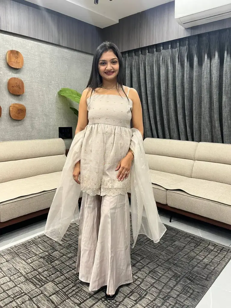 Grey Crush Organza Hand Work A-Line Kurta Set with Dupatta