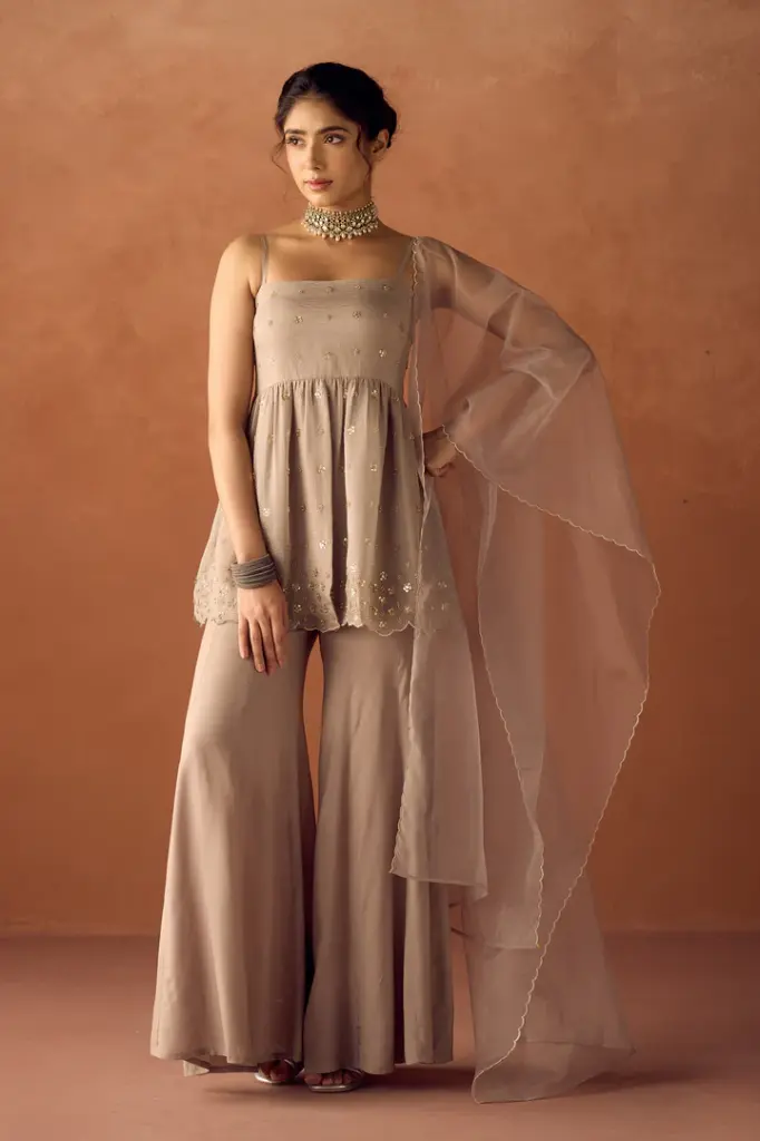 Grey Crush Organza Hand Work A-Line Kurta Set with Dupatta