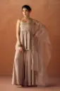 Grey Crush Organza Hand Work A-Line Kurta Set with Dupatta