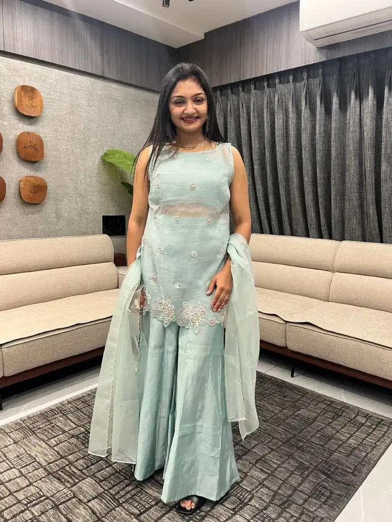 Sea Green Crush Organza Hand Work Straight Kurta Set with Dupatta