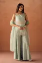 Sea Green Crush Organza Hand Work Straight Kurta Set with Dupatta