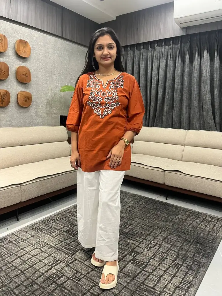Rust Aura Embroidered Cotton Tunic
