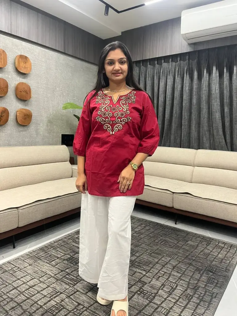 Crimson Bloom Embroidered Cotton Tunic