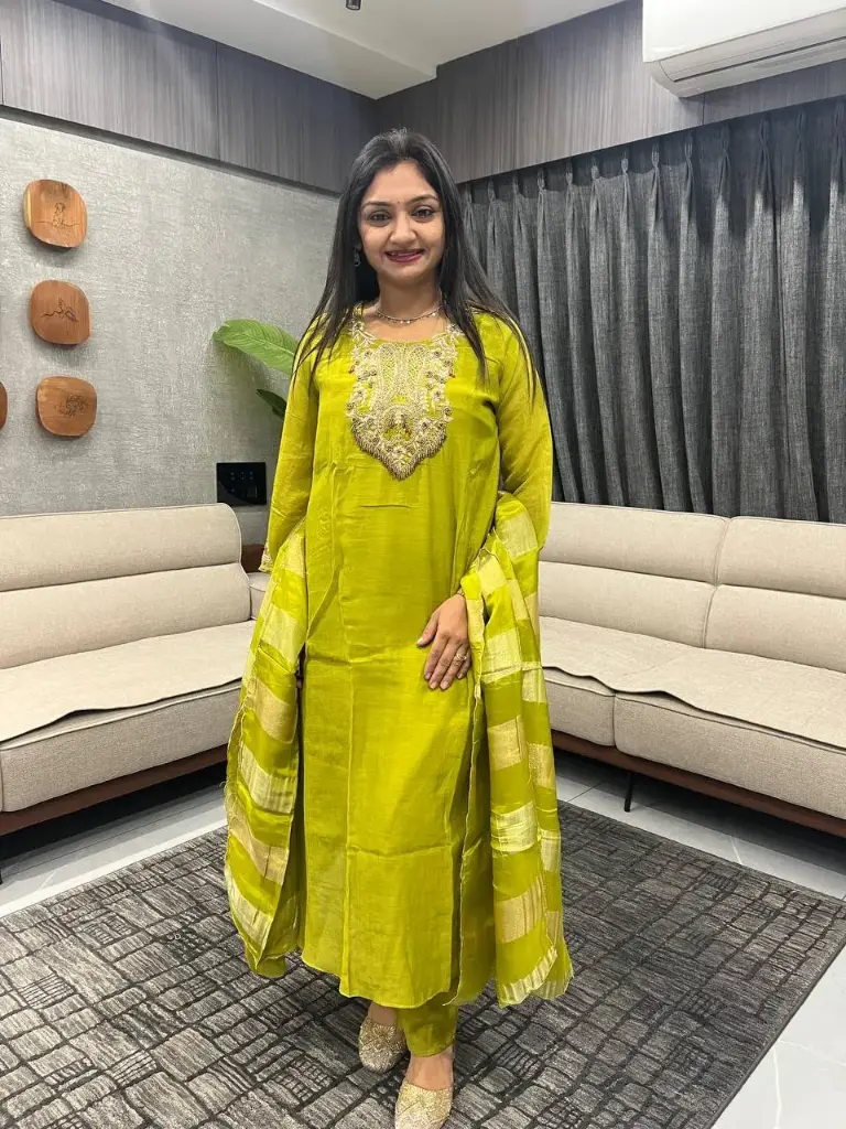 Lime Glow Mull Chanderi Kurta Set