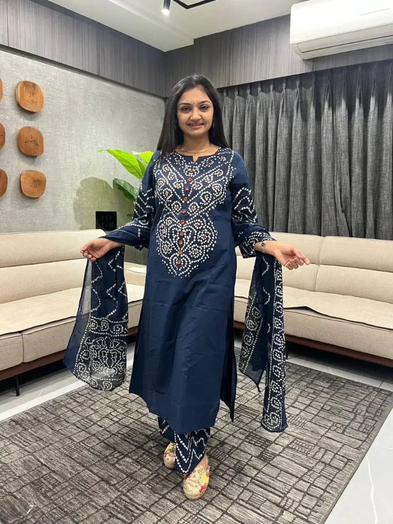 Indigo Bandhani Mirror Work Cotton Set