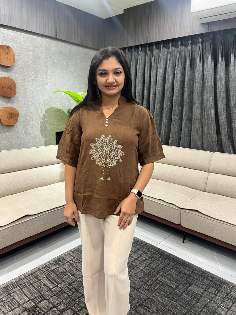 Brown Embroidered Linen Top