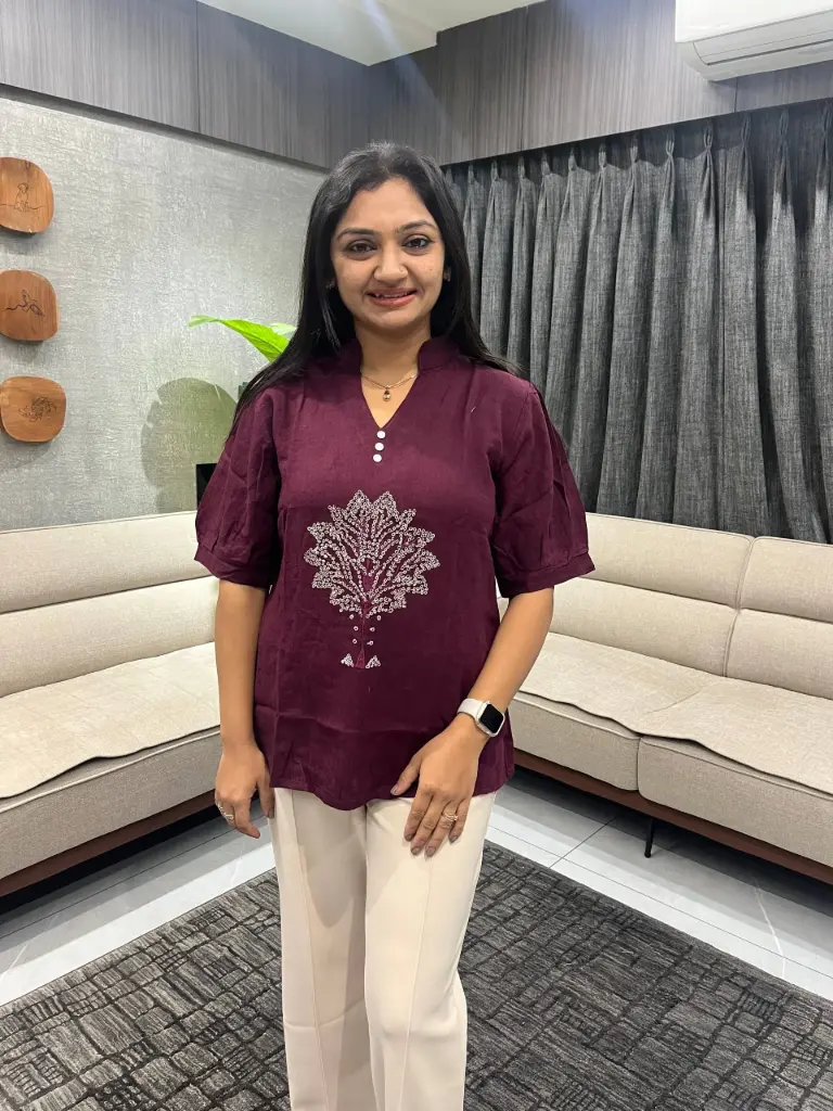 Wine Embroidered Linen Top