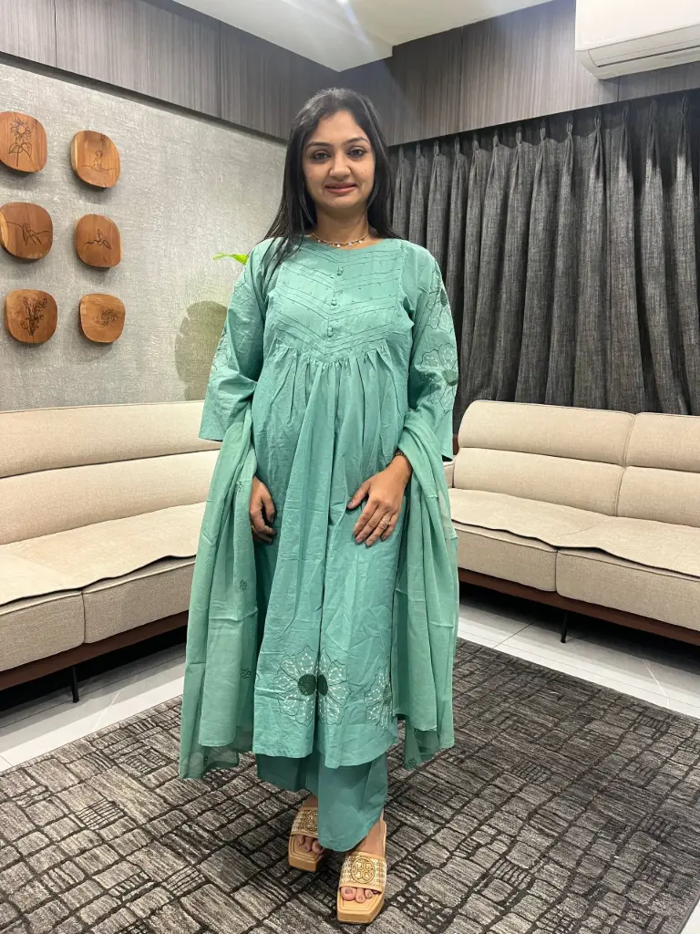 Mint Green Cotton Embroidered Kurta Set