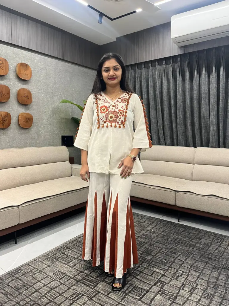 Ivory Rust Embroidered Cotton Co-Ord Set