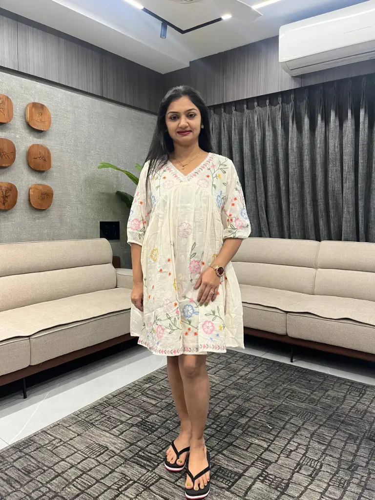 Ivory Floral Embroidered Cotton Tunic