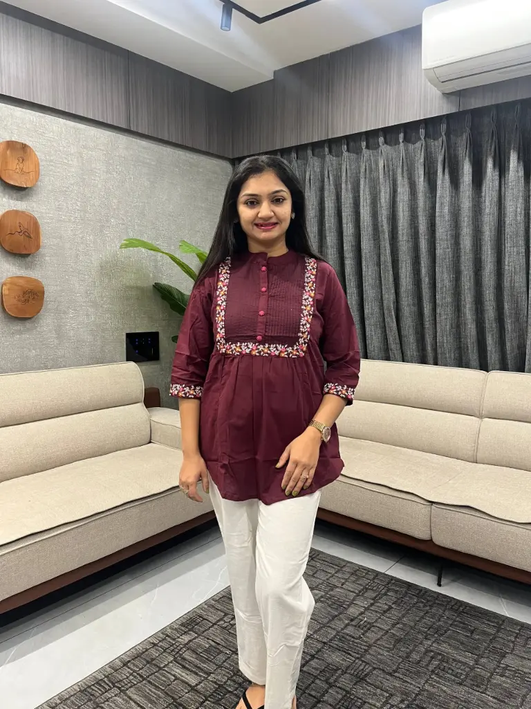 Embroidered Pleated Neck Cotton Top