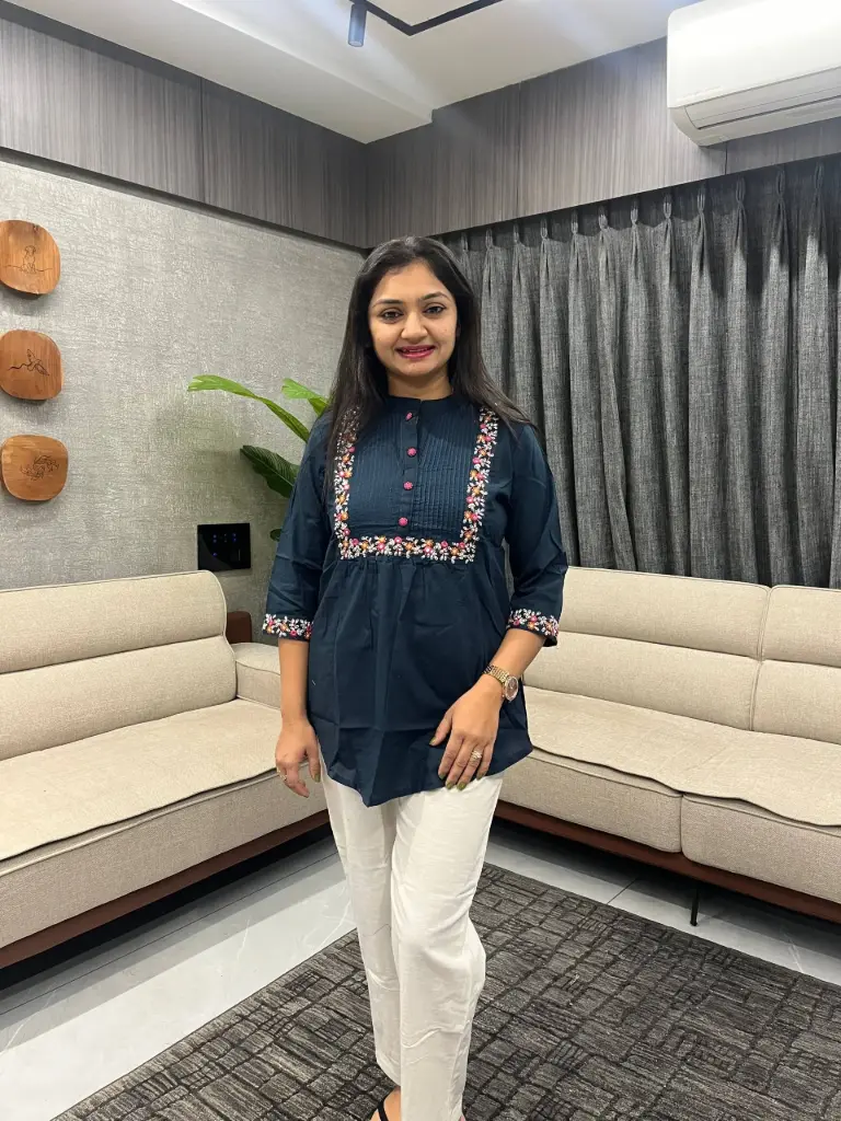 Navy Blue Embroidered Flex Cotton Top