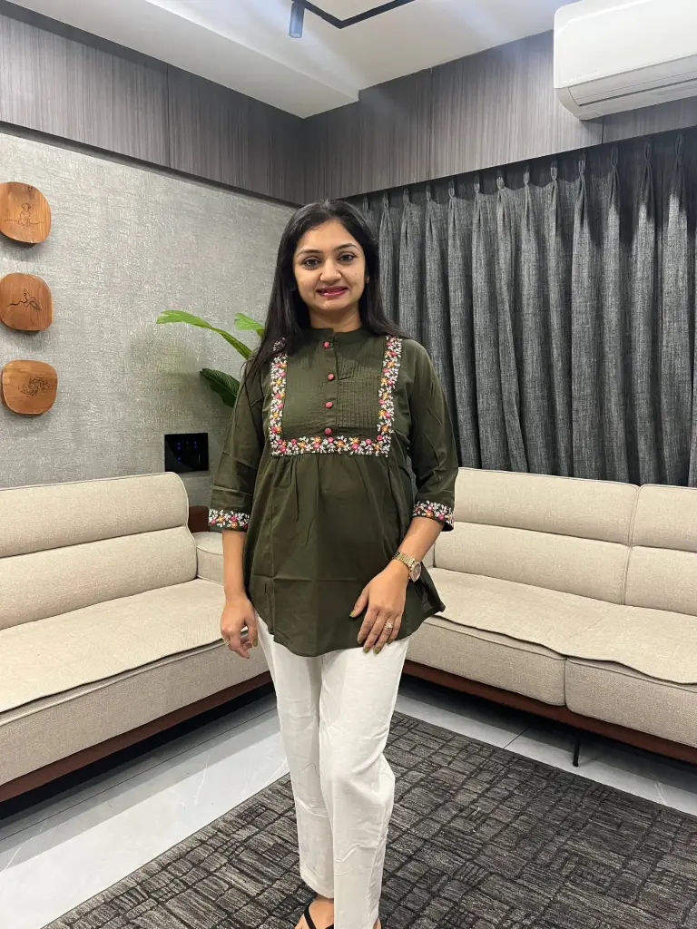 Olive Green Embroidered Flex Cotton Top