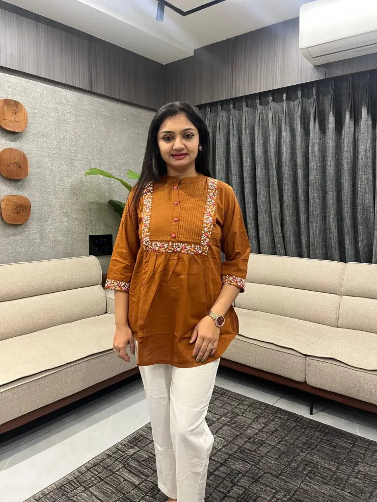 Rust Brown Embroidered Flex Cotton Top