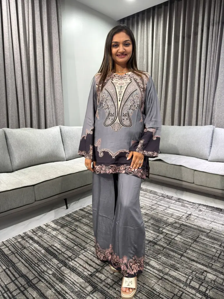 Grey Kashmira Print Viscose Muslin Co-Ord Set